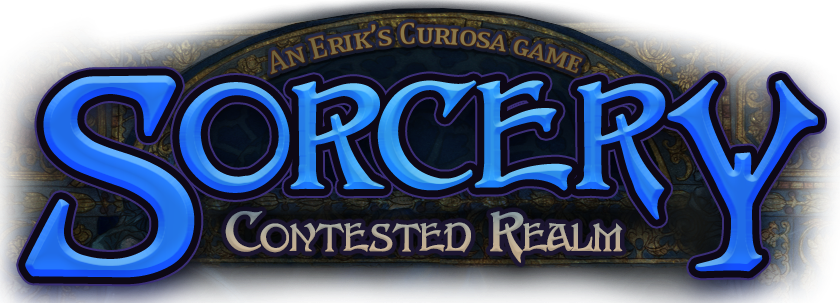 Logo of 'Sorcery: Contested Realm' by Erik's Curiosa Games with blue and black text.