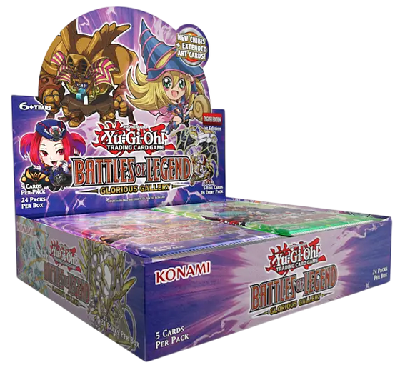 A boxed display box of Yu-Gi-Oh! Battle Legend card packs on a plain white background. The packaging features colorful anime artwork with characters and the Konami and Yu-Gi-Oh! Battle Legend branding.