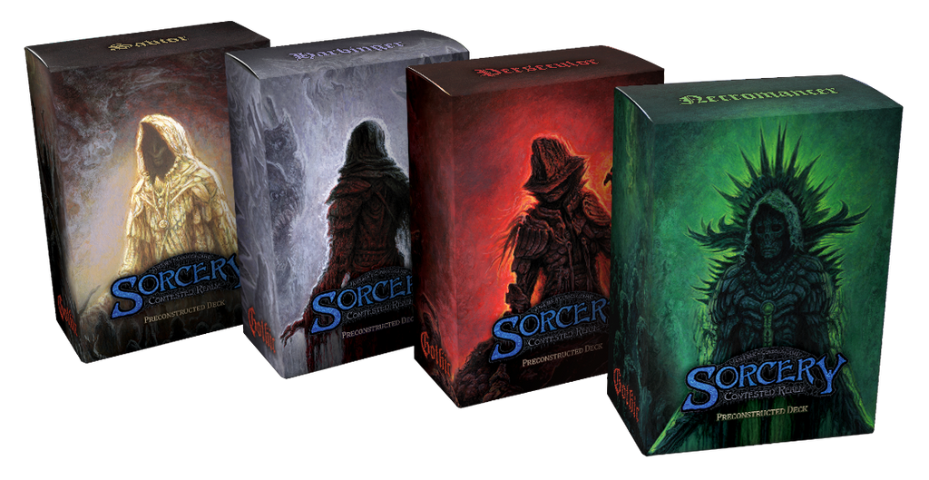 Four 'Sorcery' card game boxes with different character illustrations