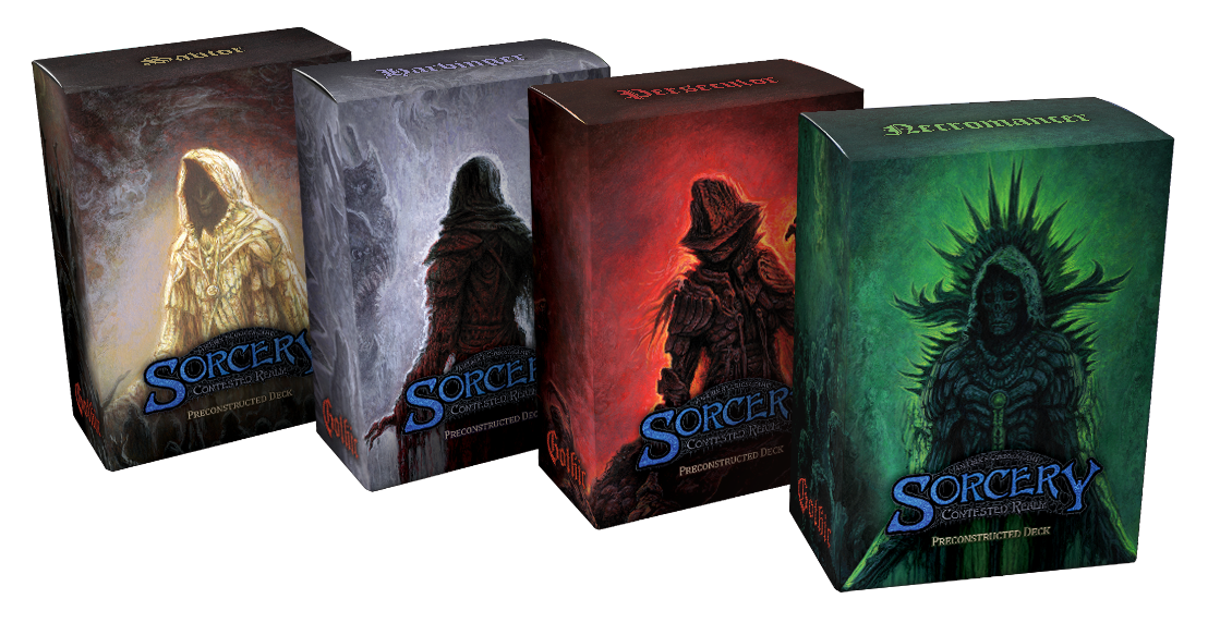 Four 'Sorcery' card game boxes with different character illustrations