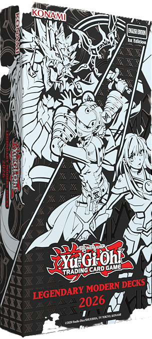 Yu-Gi-Oh! Trading Card Game Legendary Modern Decks 2026 box set packaging, featuring black and white illustrated artwork with red title text and Konami branding.