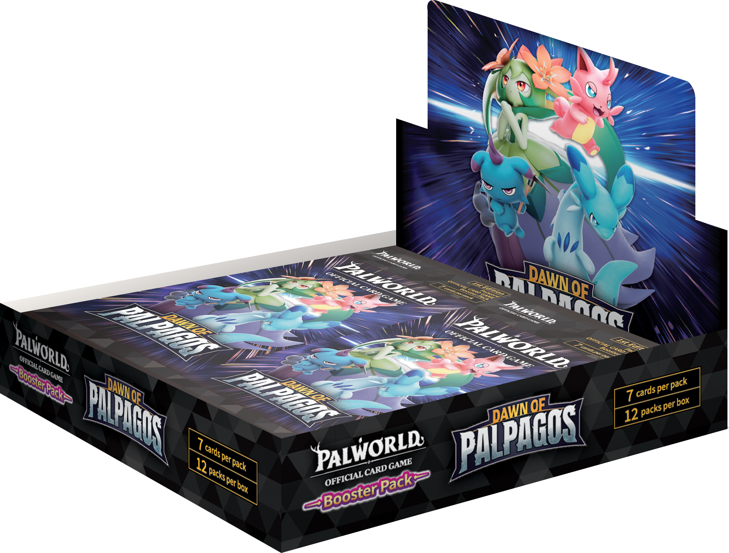 Card game booster pack with 'Dawn of Palpago' branding on a white background