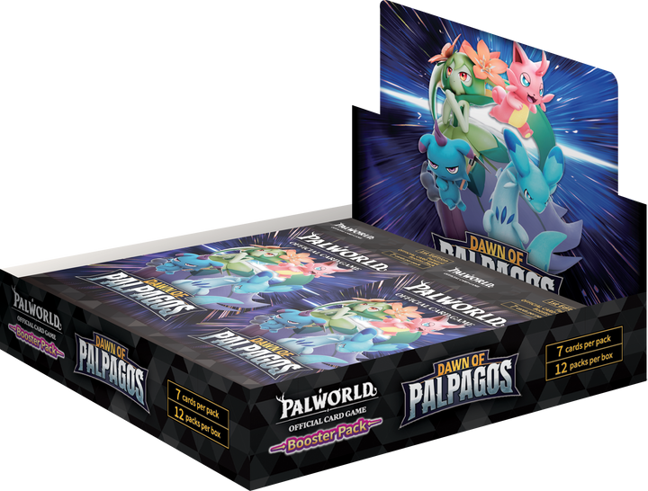 Card game booster pack with 'Dawn of Palpago' branding on a white background