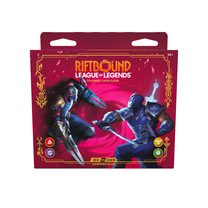 Riftbound: Vendetta Zed vs Shen Showdown Decks box, showing Zed and Shen clashing blades