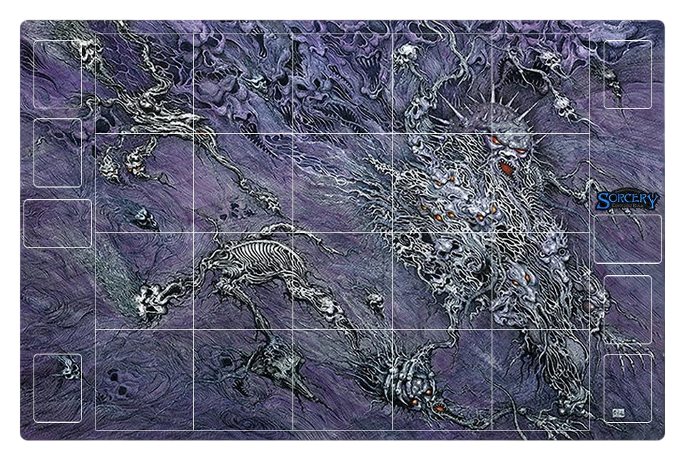 A square tabletop gaming playmat featuring a detailed purple and gray fantasy landscape with skeletal creatures and grid lines