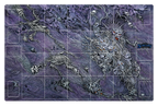 A square tabletop gaming playmat featuring a detailed purple and gray fantasy landscape with skeletal creatures and grid lines