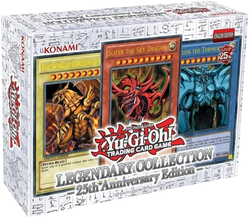 Yu-Gi-Oh! Trading Card Game Legendary Collection 25th Anniversary Edition box set, featuring artwork for The Winged Dragon of Destruction, Slifer the Sky Dragon, and Oblisk the Tormentor, with Konami branding.