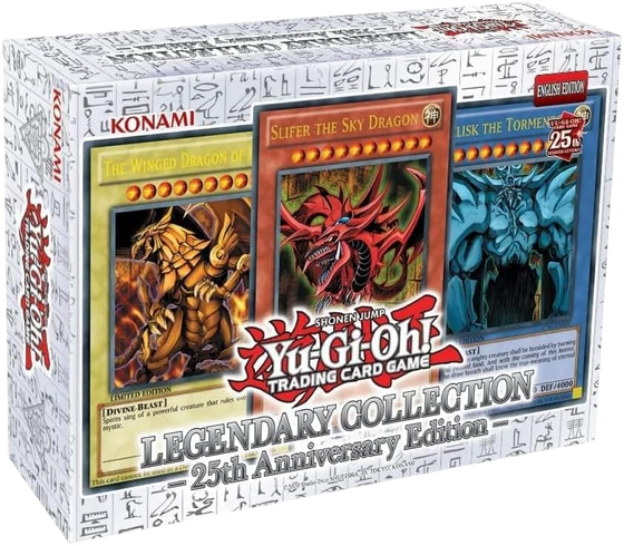 Yu-Gi-Oh! Trading Card Game Legendary Collection 25th Anniversary Edition box set, featuring artwork for The Winged Dragon of Destruction, Slifer the Sky Dragon, and Oblisk the Tormentor, with Konami branding.