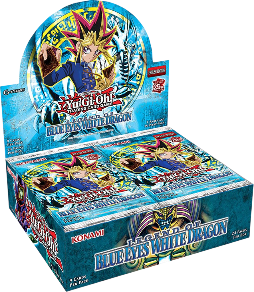 A Yu-Gi-Oh! Blue Eyes White Dragon card booster box display with multiple individual card packs arranged inside on a plain white background.