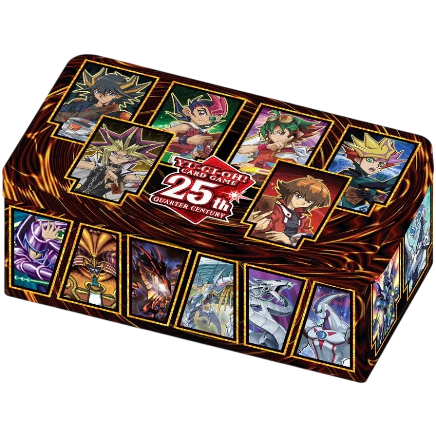 Yu-Gi-Oh! 25th Anniversary collectible card tin featuring colorful character illustrations and the official logo on a plain white background.
