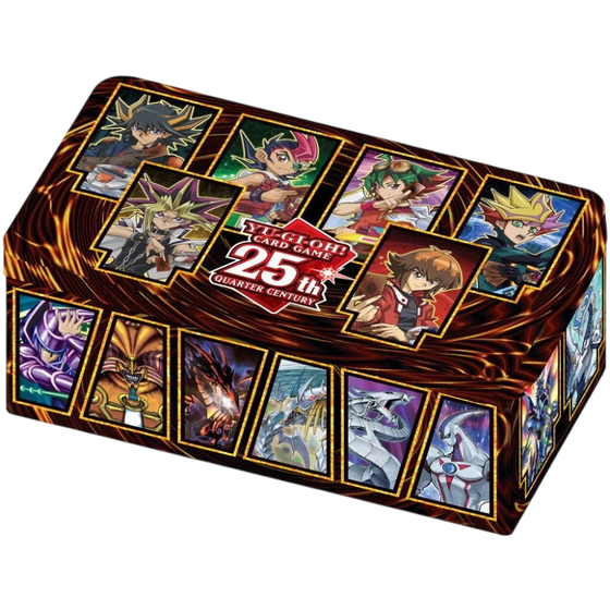 Yu-Gi-Oh! 25th Anniversary collectible card tin featuring colorful character illustrations and the official logo on a plain white background.