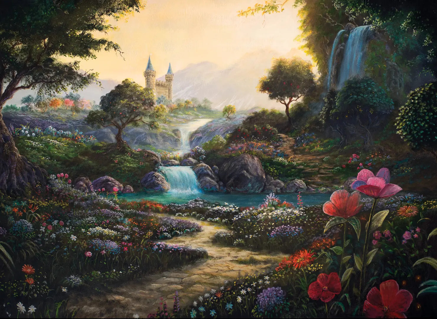 A fantasy landscape painting featuring a stone path leading through a vibrant meadow of colorful flowers toward a waterfall and river, with a castle in the distance under a glowing golden sky. A waterfall cascades down a rocky cliff on the right, and lush green trees and bushes surround the scene.
