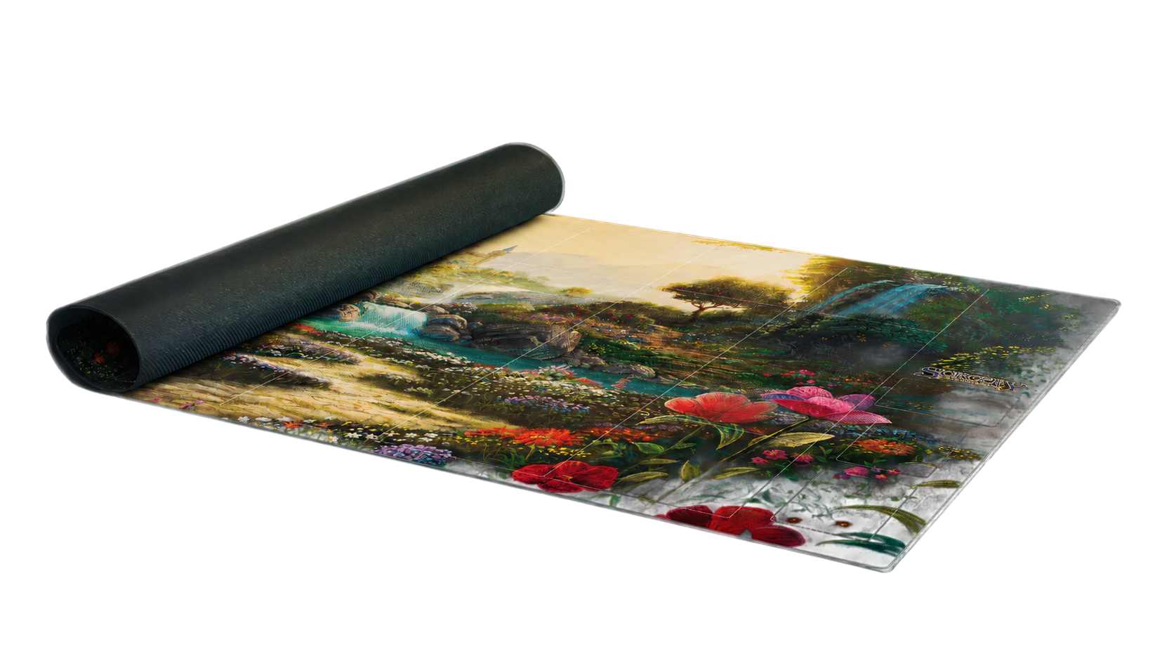 A rectangular mat with a detailed landscape print, partially unrolled from a black rolled-up end