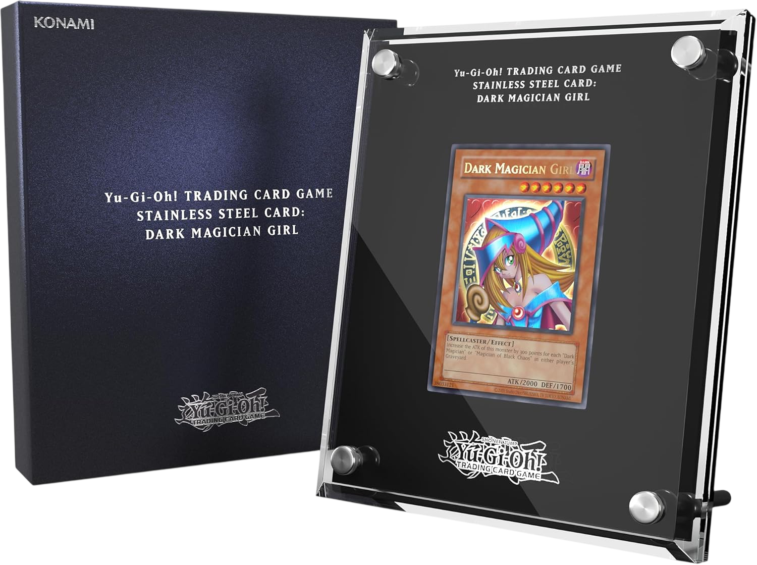 Yu-Gi-Oh! Trading Card Game acrylic display frame holding a 'Dark Magician Girl' stainless steel card, shown alongside its dark blue Konami-branded presentation box on a white background.