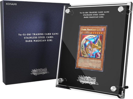 Yu-Gi-Oh! Trading Card Game acrylic display frame holding a 'Dark Magician Girl' stainless steel card, shown alongside its dark blue Konami-branded presentation box on a white background.