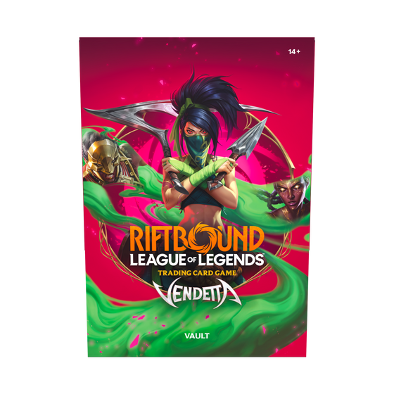 Riftbound: Vendetta Vault box with Akali crossing her blades on the front artwork