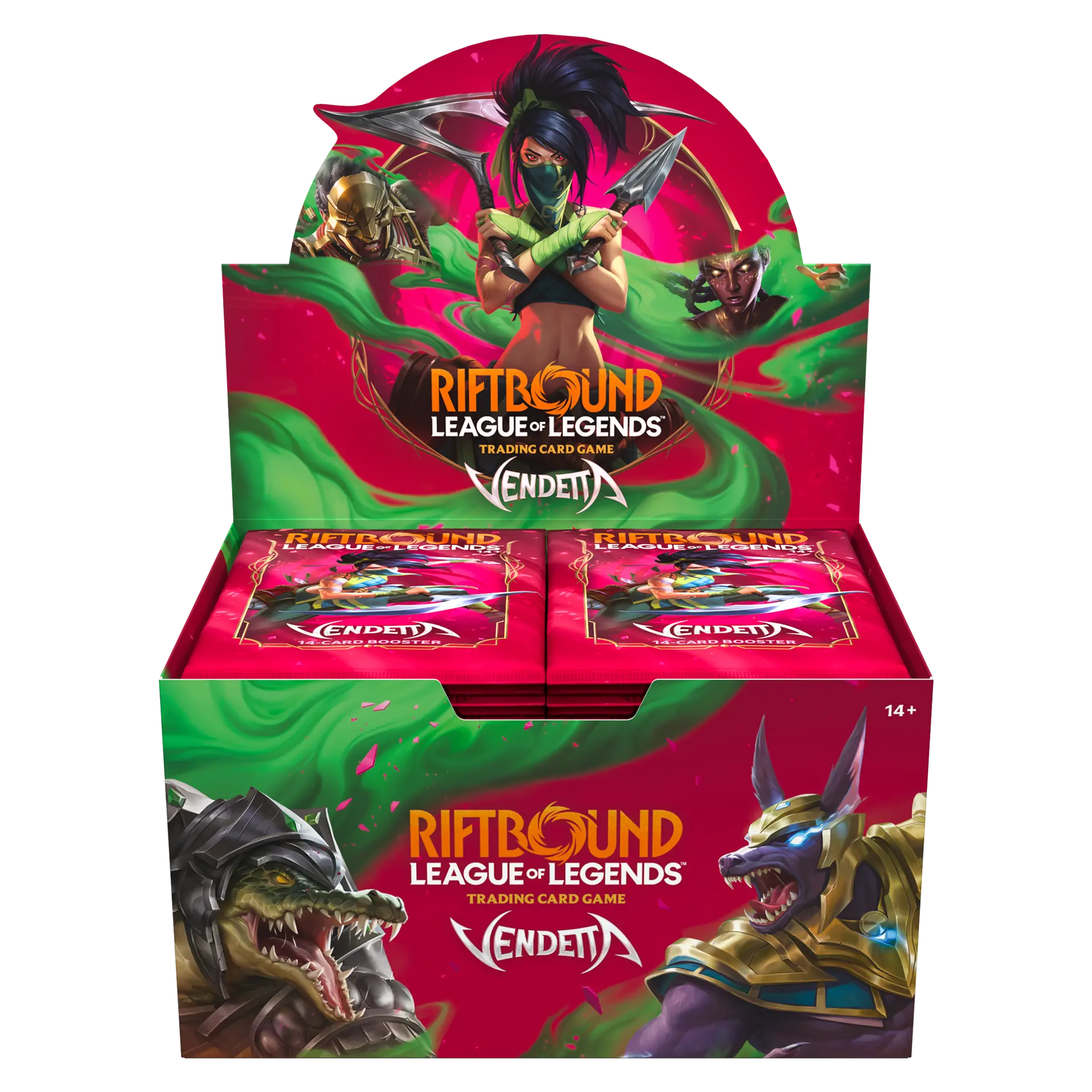 Riftbound: Vendetta booster display box opened to show its 24 sealed booster packs, with Akali artwork on the lid and Renekton and Nasus on the front