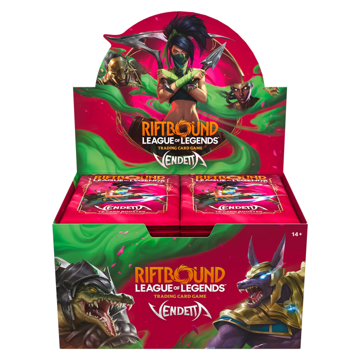 Riftbound: Vendetta booster display box opened to show its 24 sealed booster packs, with Akali artwork on the lid and Renekton and Nasus on the front
