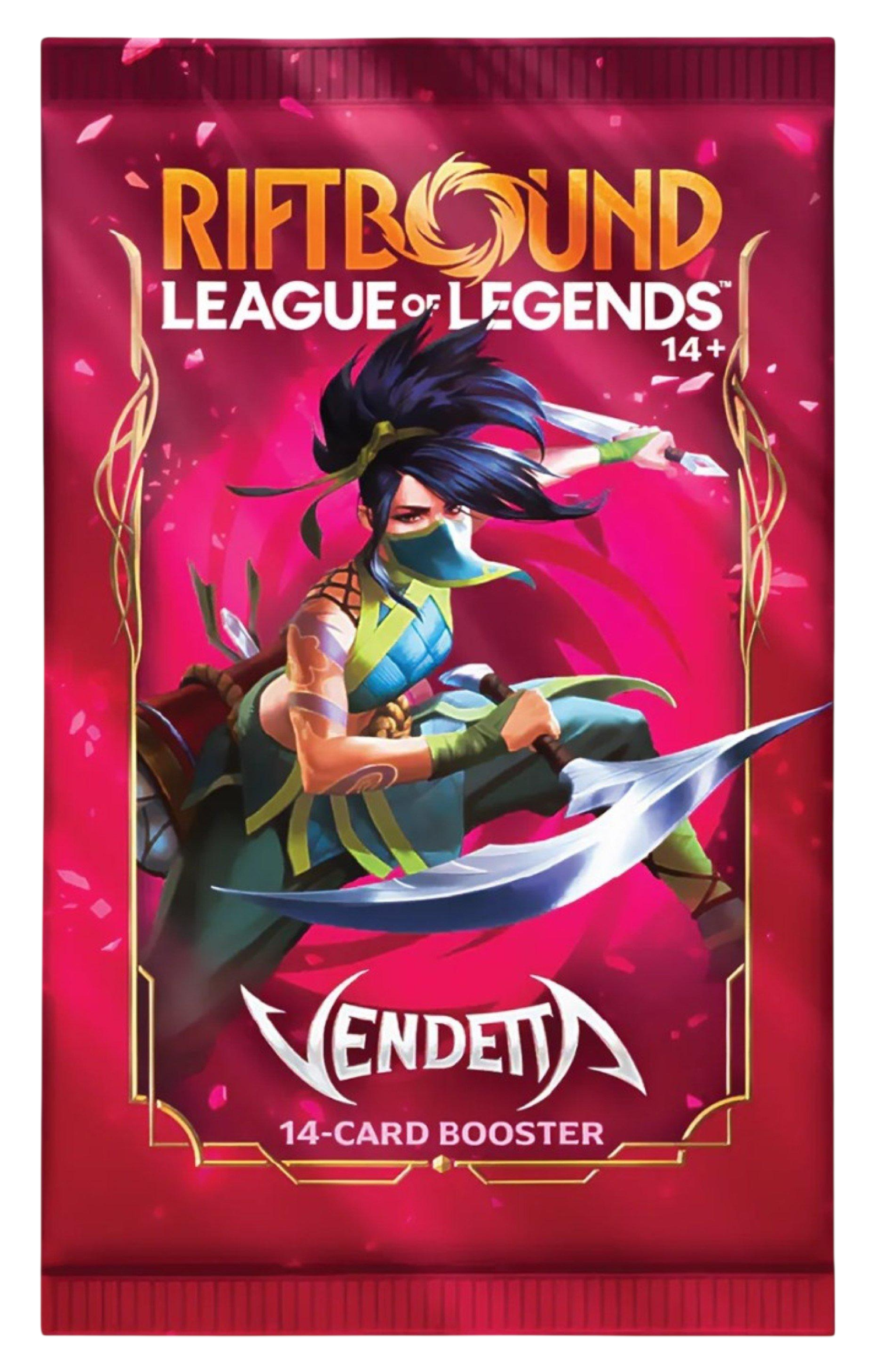 A Riftbound: Vendetta 14-card booster pack with Akali artwork
