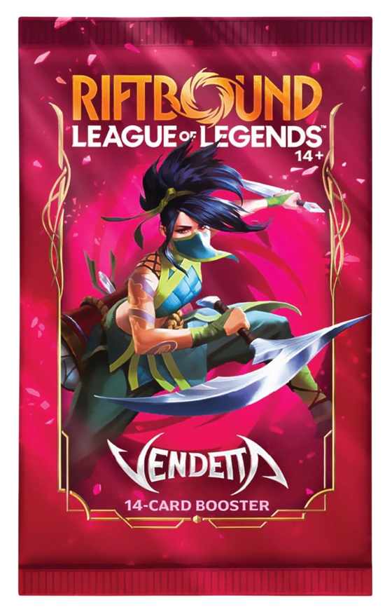 A Riftbound: Vendetta 14-card booster pack with Akali artwork