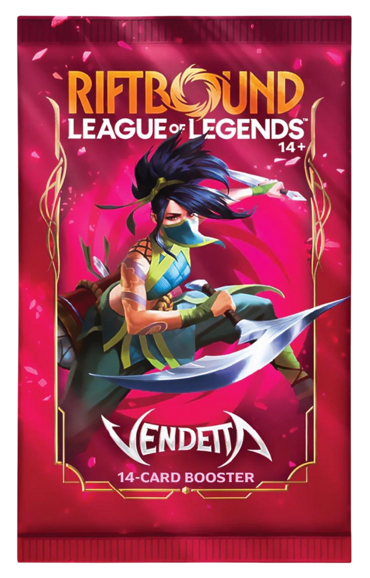 A Riftbound: Vendetta 14-card booster pack with Akali artwork