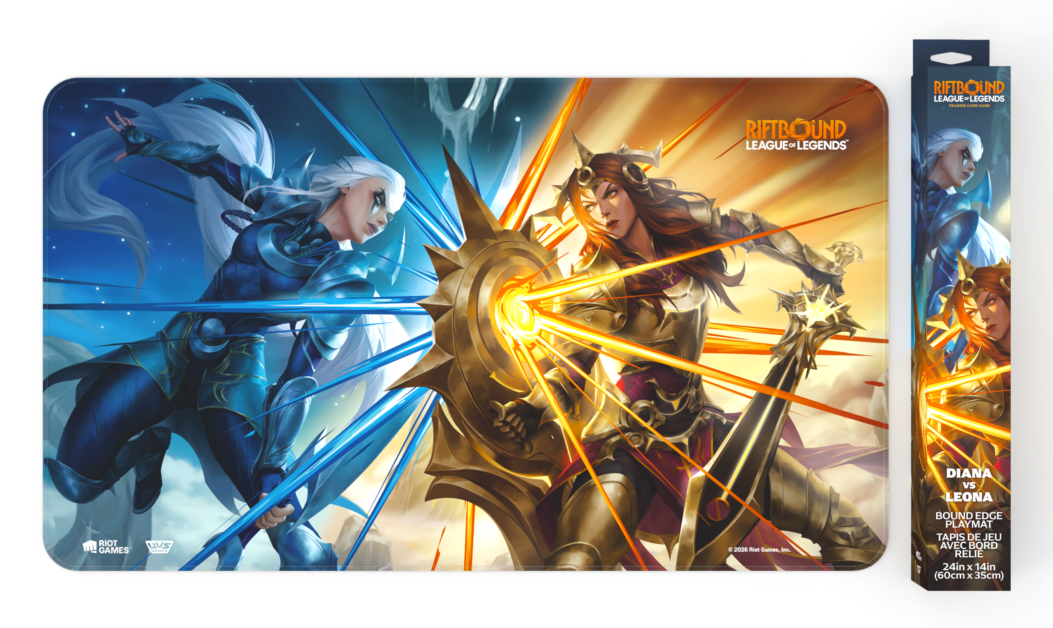 Riftbound: Vendetta bound-edge playmat showing Diana and Leona clashing, moonlight against sunlight, with its retail box alongside