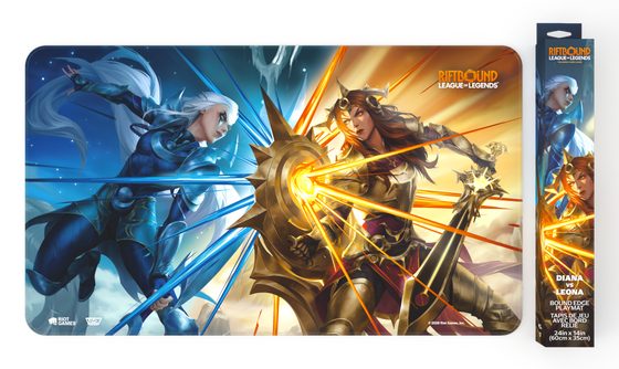 Riftbound: Vendetta bound-edge playmat showing Diana and Leona clashing, moonlight against sunlight, with its retail box alongside