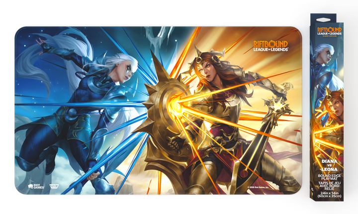 Riftbound: Vendetta bound-edge playmat showing Diana and Leona clashing, moonlight against sunlight, with its retail box alongside