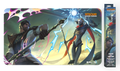 Riftbound: Vendetta bound-edge playmat showing Jayce facing Viktor under a lightning-split sky, with its retail box alongside