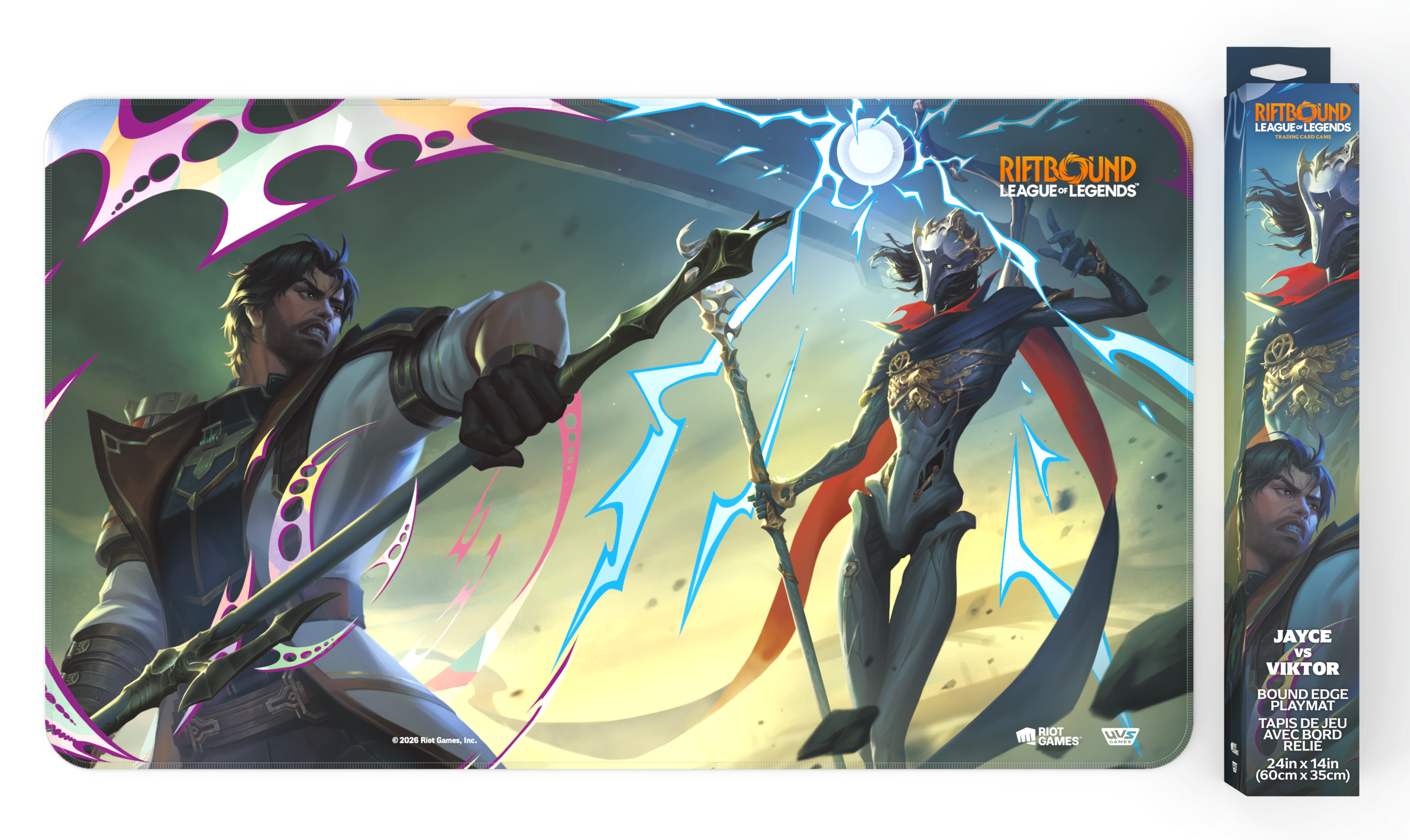 Riftbound: Vendetta bound-edge playmat showing Jayce facing Viktor under a lightning-split sky, with its retail box alongside