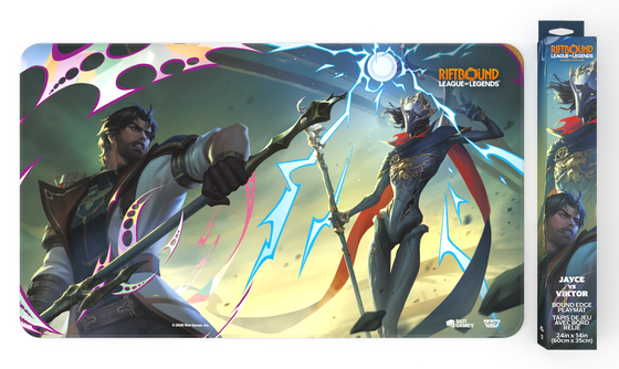 Riftbound: Vendetta bound-edge playmat showing Jayce facing Viktor under a lightning-split sky, with its retail box alongside