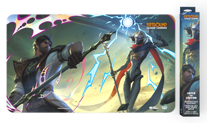 Riftbound: Vendetta bound-edge playmat showing Jayce facing Viktor under a lightning-split sky, with its retail box alongside