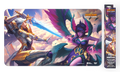 Riftbound: Vendetta bound-edge playmat showing Kayle and Morgana mid-battle above the clouds, with its retail box alongside