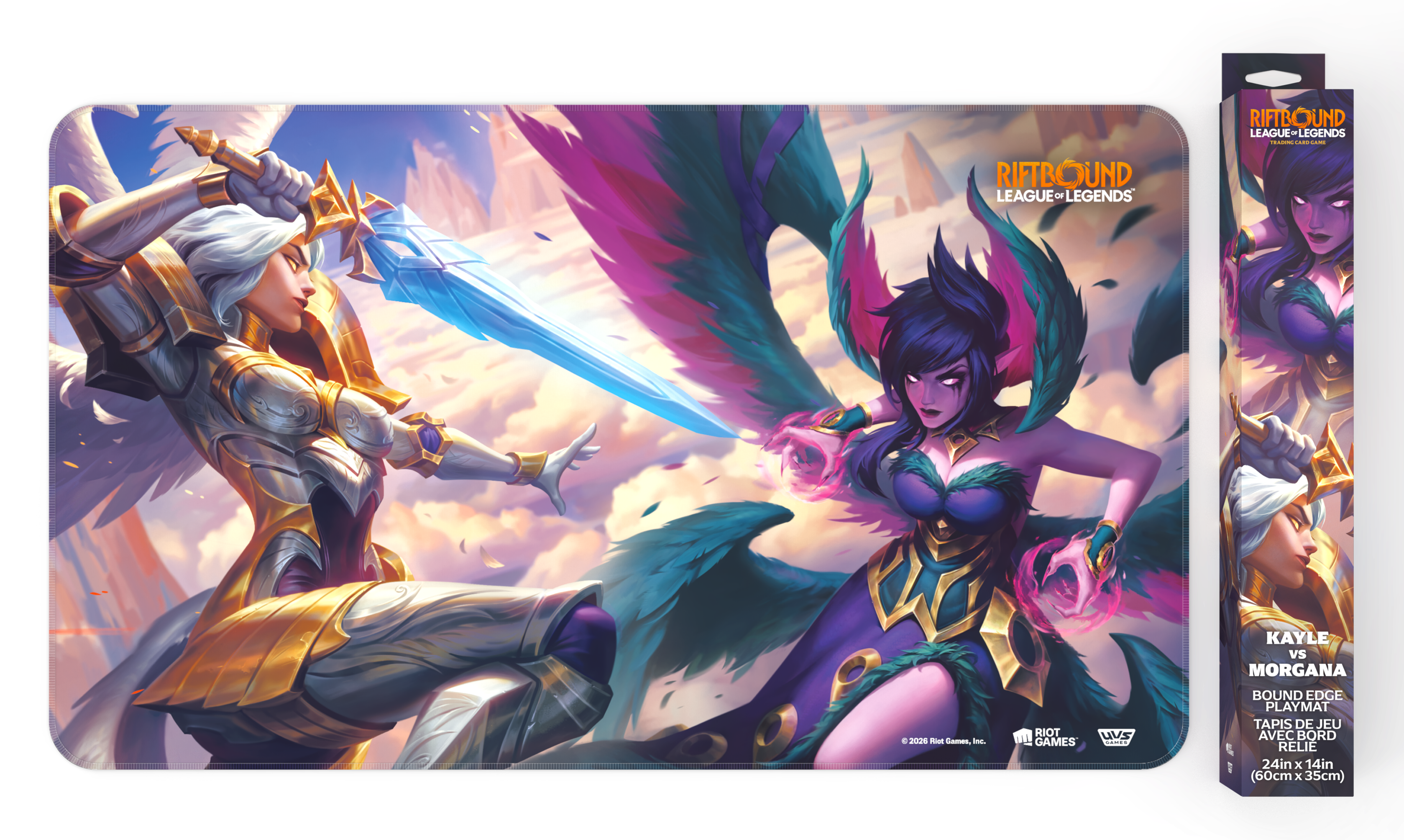 Riftbound: Vendetta bound-edge playmat showing Kayle and Morgana mid-battle above the clouds, with its retail box alongside