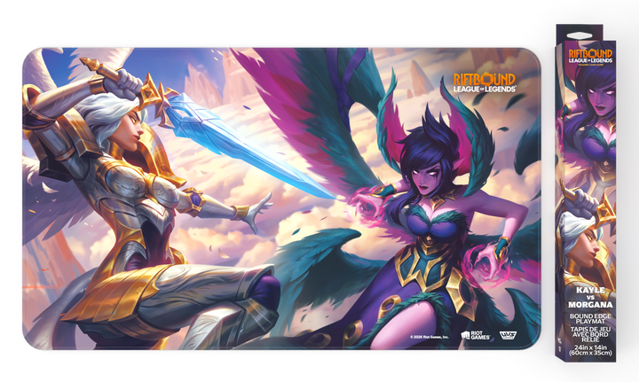 Riftbound: Vendetta bound-edge playmat showing Kayle and Morgana mid-battle above the clouds, with its retail box alongside