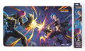 Riftbound: Vendetta bound-edge playmat showing Vi and Jinx trading fire, with its retail box alongside