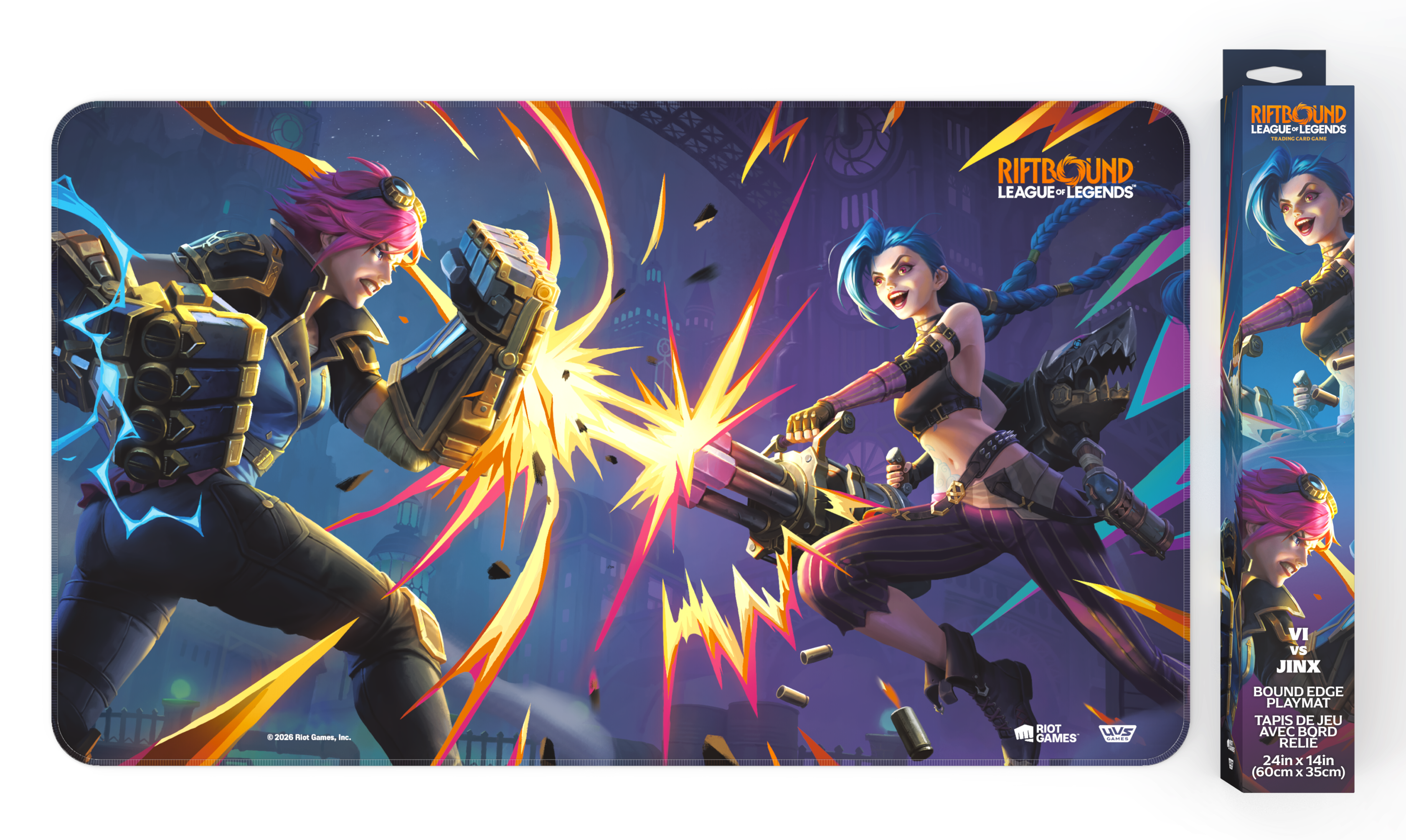 Riftbound: Vendetta bound-edge playmat showing Vi and Jinx trading fire, with its retail box alongside