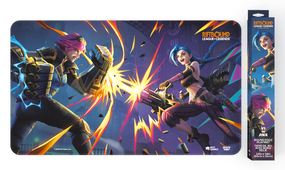 Riftbound: Vendetta bound-edge playmat showing Vi and Jinx trading fire, with its retail box alongside