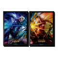Two Riftbound: Vendetta art sleeve designs side by side, one featuring Diana beneath a moonlit sky and one featuring Leona radiating sunlight