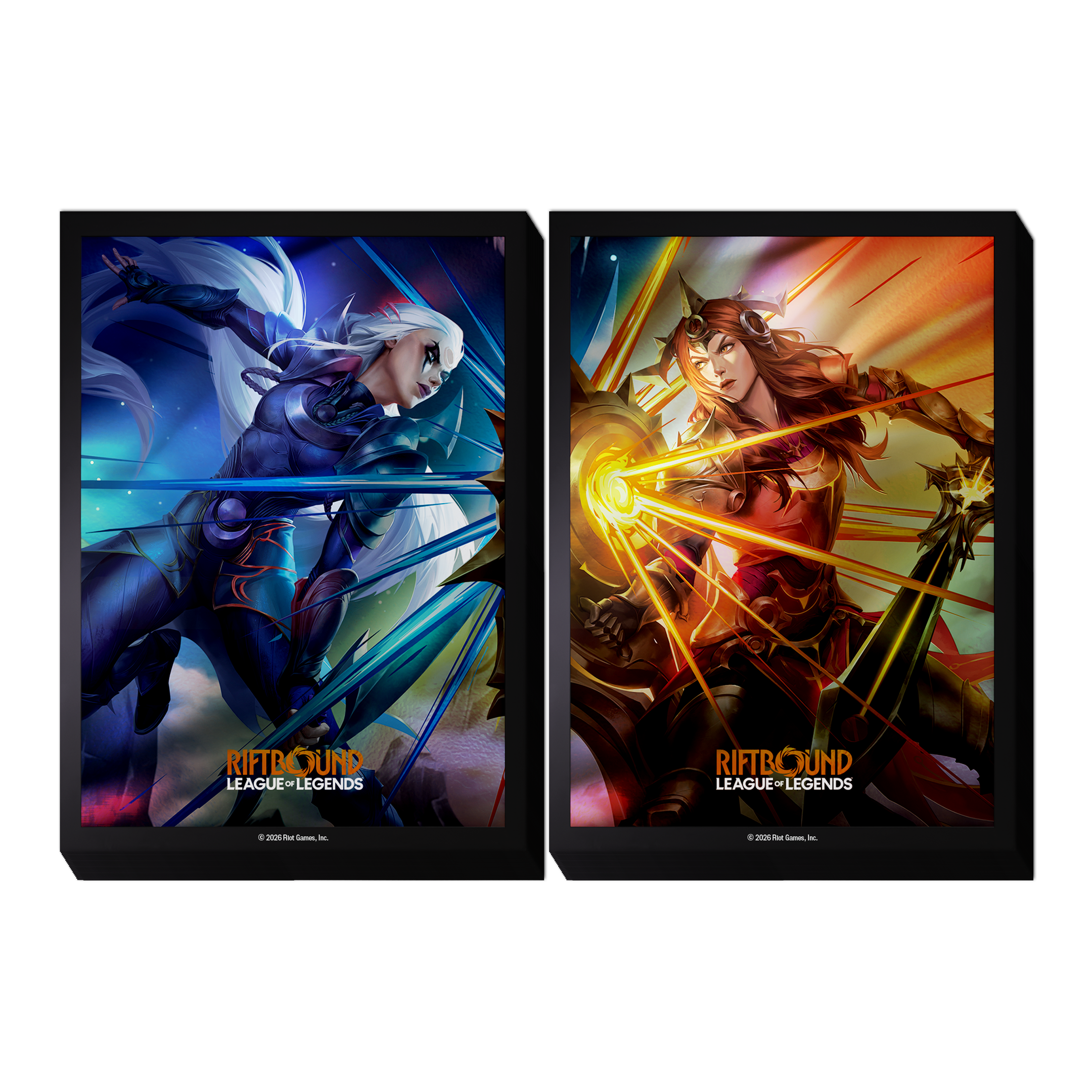 Two Riftbound: Vendetta art sleeve designs side by side, one featuring Diana beneath a moonlit sky and one featuring Leona radiating sunlight