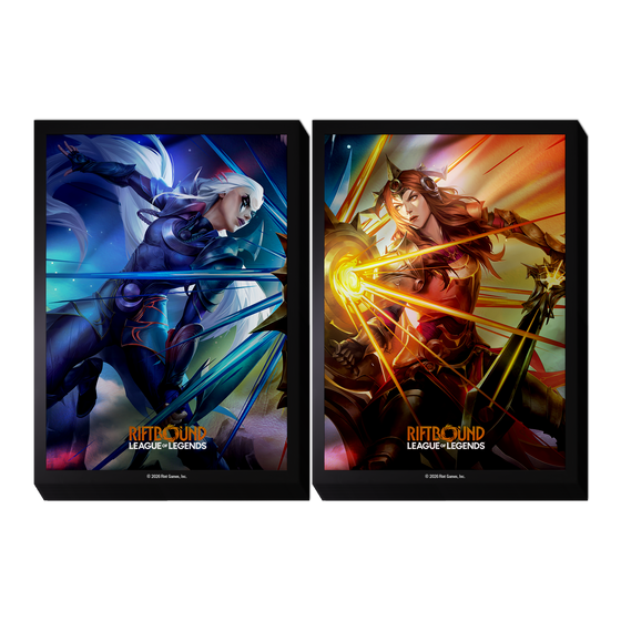 Two Riftbound: Vendetta art sleeve designs side by side, one featuring Diana beneath a moonlit sky and one featuring Leona radiating sunlight