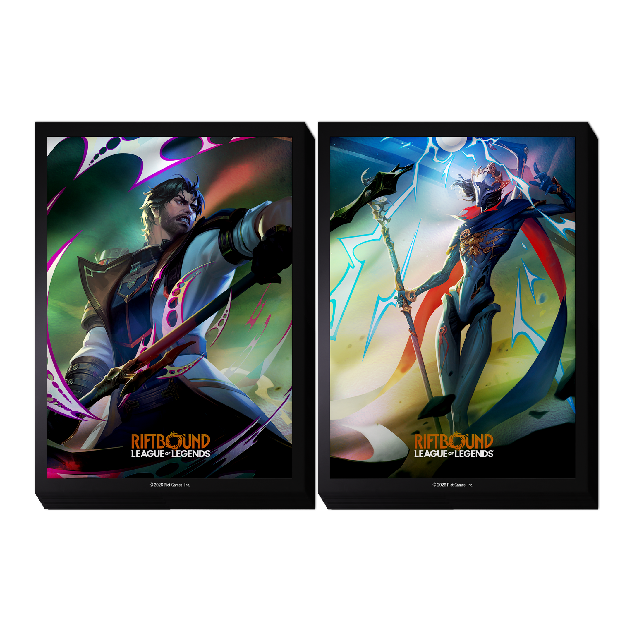 Two Riftbound: Vendetta art sleeve designs side by side, one featuring Jayce with his weapon raised and one featuring Viktor with his staff