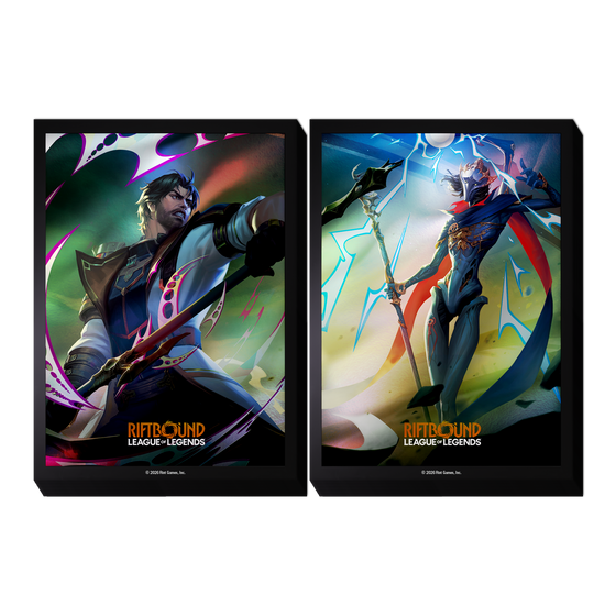 Two Riftbound: Vendetta art sleeve designs side by side, one featuring Jayce with his weapon raised and one featuring Viktor with his staff