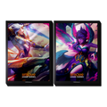 Two Riftbound: Vendetta art sleeve designs side by side, one featuring Kayle in golden armor and one featuring Morgana with her dark wings