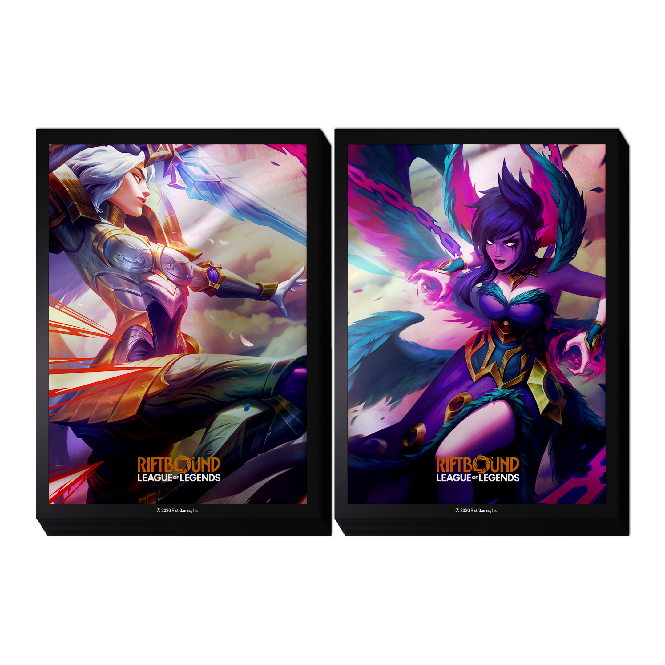 Two Riftbound: Vendetta art sleeve designs side by side, one featuring Kayle in golden armor and one featuring Morgana with her dark wings