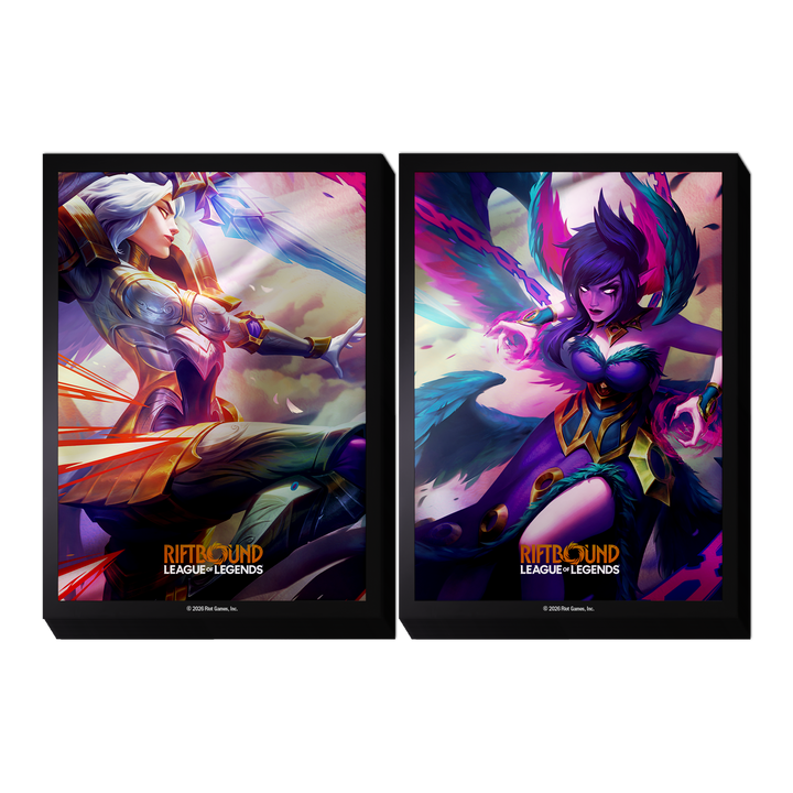 Two Riftbound: Vendetta art sleeve designs side by side, one featuring Kayle in golden armor and one featuring Morgana with her dark wings