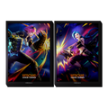 Two Riftbound: Vendetta art sleeve designs side by side, one featuring Vi with her gauntlets raised and one featuring Jinx firing her minigun