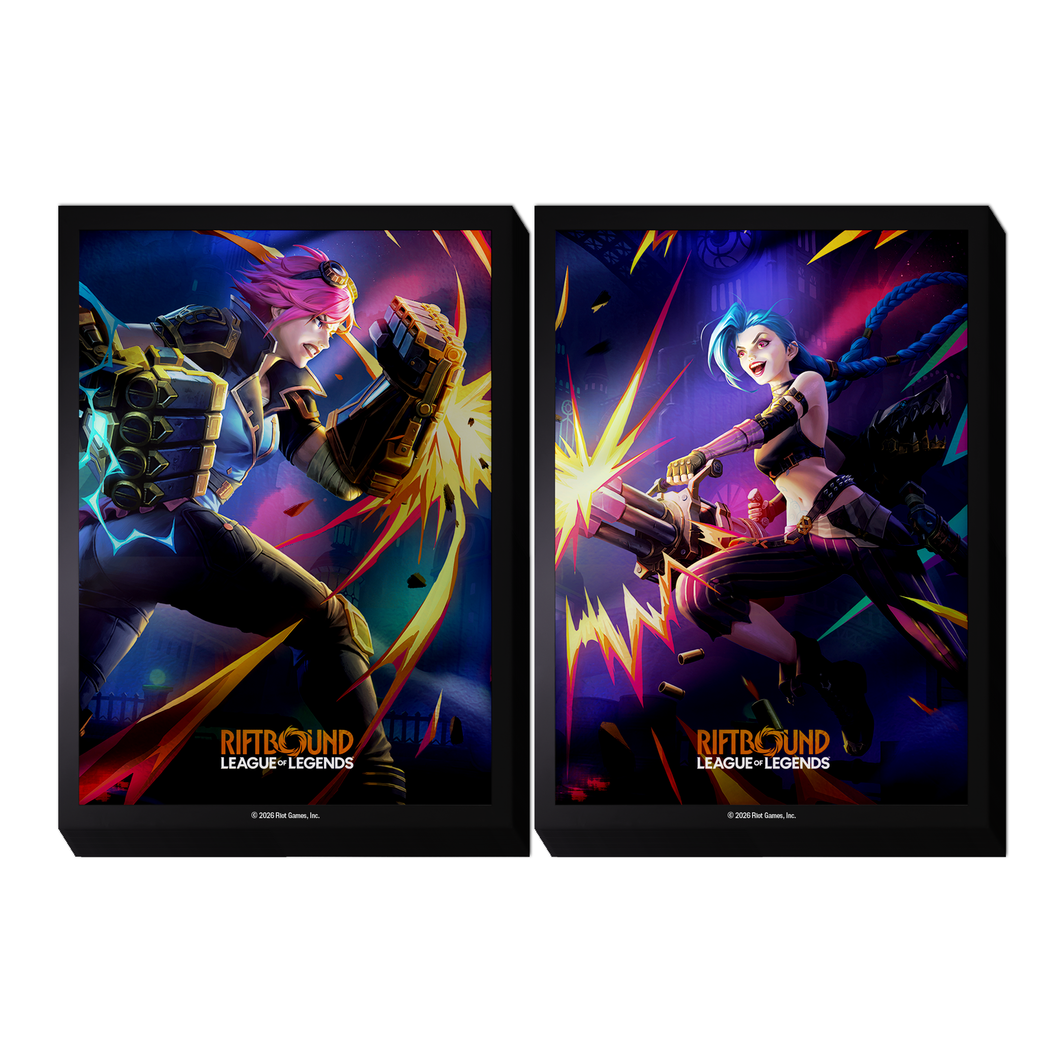 Two Riftbound: Vendetta art sleeve designs side by side, one featuring Vi with her gauntlets raised and one featuring Jinx firing her minigun