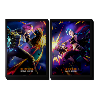 Two Riftbound: Vendetta art sleeve designs side by side, one featuring Vi with her gauntlets raised and one featuring Jinx firing her minigun
