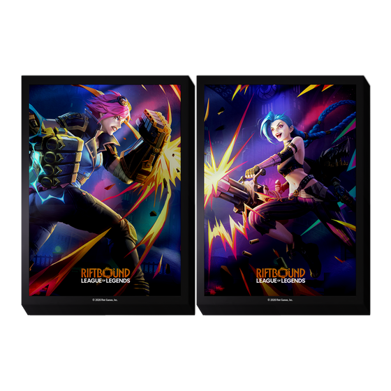 Two Riftbound: Vendetta art sleeve designs side by side, one featuring Vi with her gauntlets raised and one featuring Jinx firing her minigun